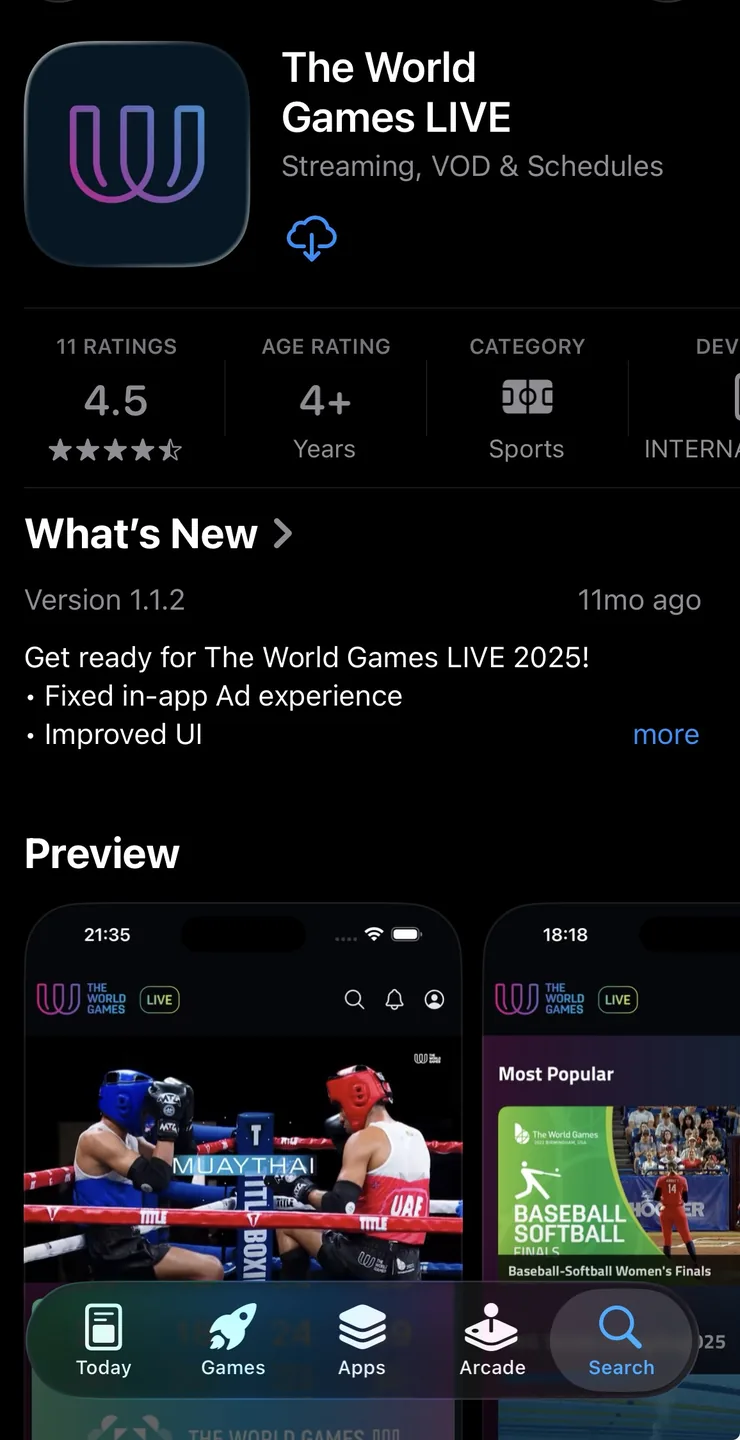 The World Games LIVE listing on the Apple App Store