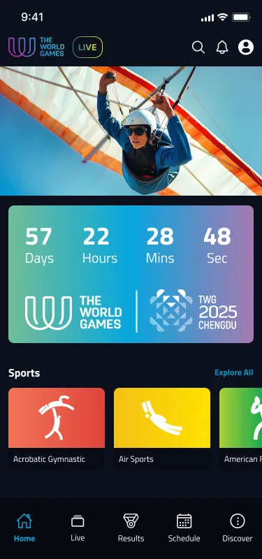 The World Games app live home screen with event countdown and sports