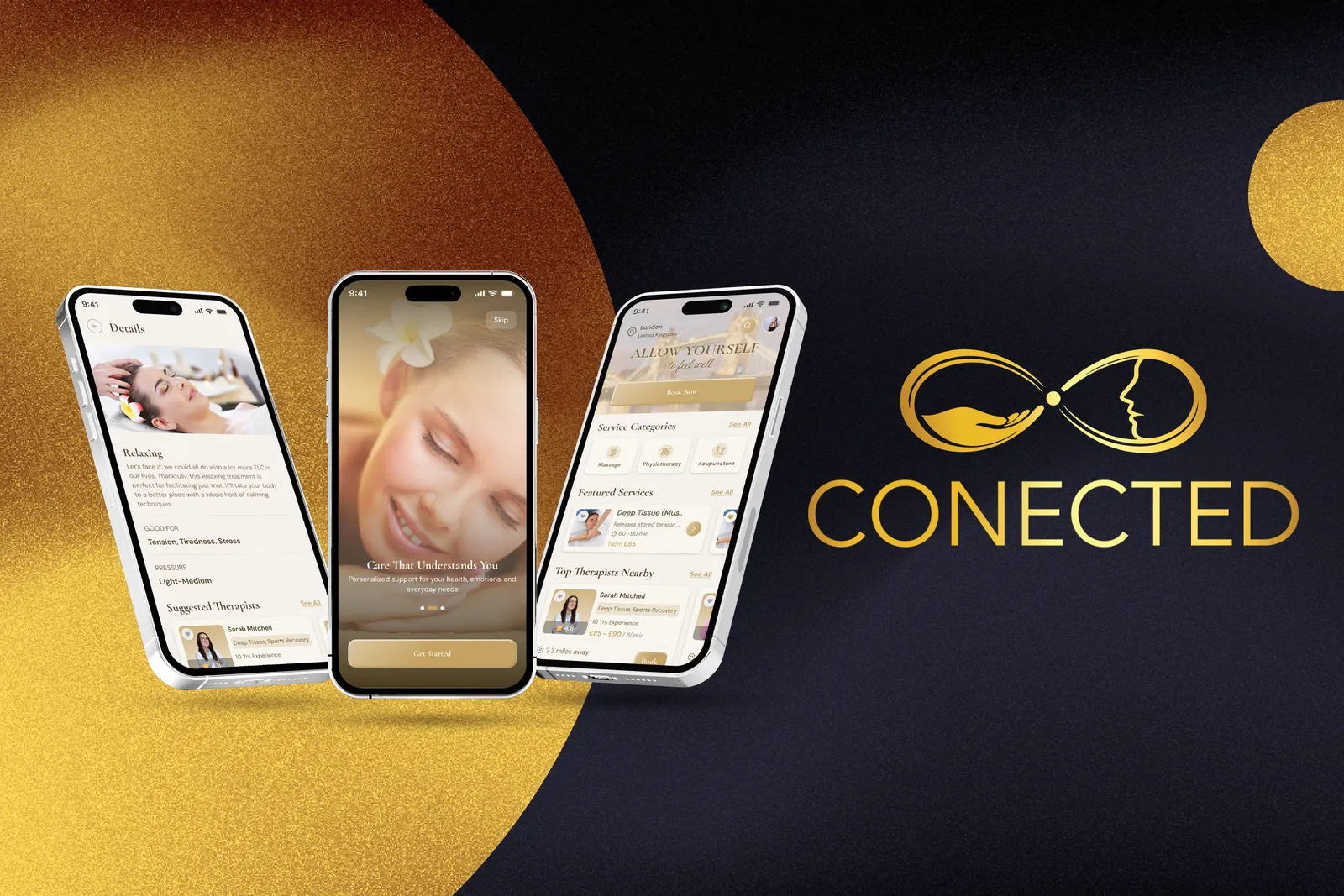 The Conected customer app shown on three phones beside the Conected logo, with treatment details, onboarding and therapists nearby