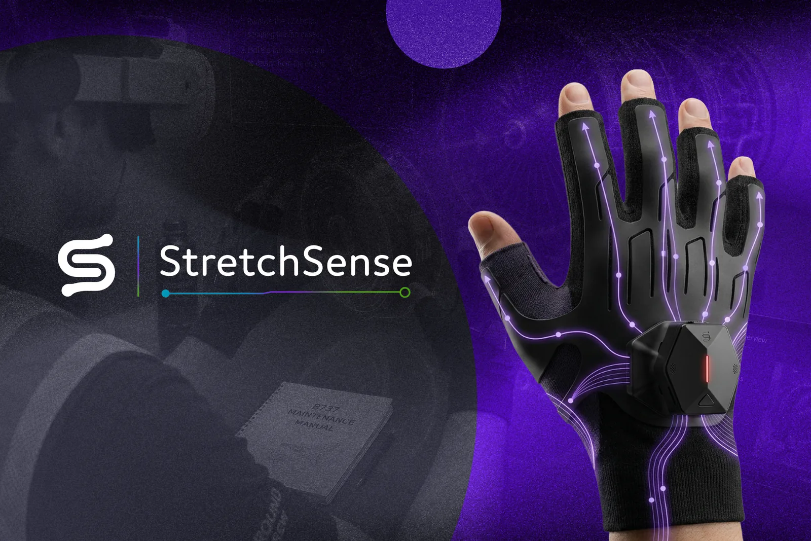 StretchSense motion capture glove with a wrist-mounted puck, used in VR training