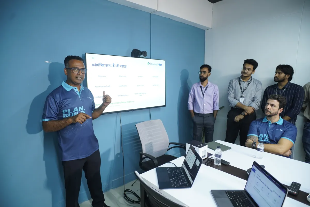 Live demonstration of PharmaZ247's pharmacy features during the soft launch at TulipTech's Dhaka office